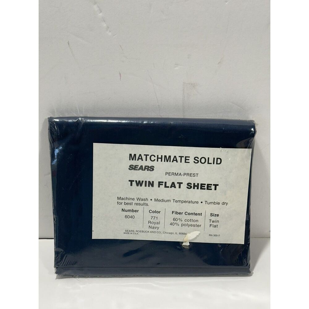 Sears - Matchmate Solid Twin Flat Sheet‎ Royal Navy Blue Brand New Vintage